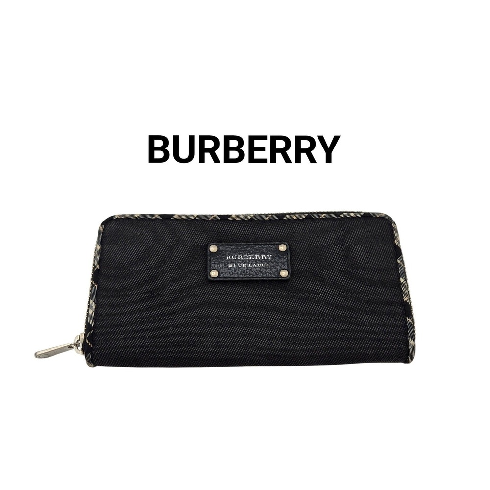 Burberry Blue Label Black Canvas Nova Check Trim Zip Around Long Wallet